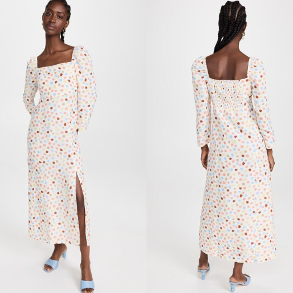 NWT Rixo Long Sleeve Square Neck Smocked Hattie Midi Dress Multi Spaced Tulip